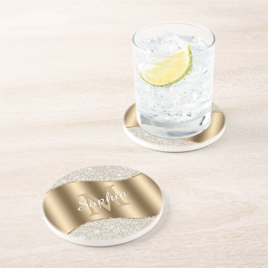 diamanten, groot goudmonogram, witte scriptnaam zandsteen onderzetter (Zijkant)