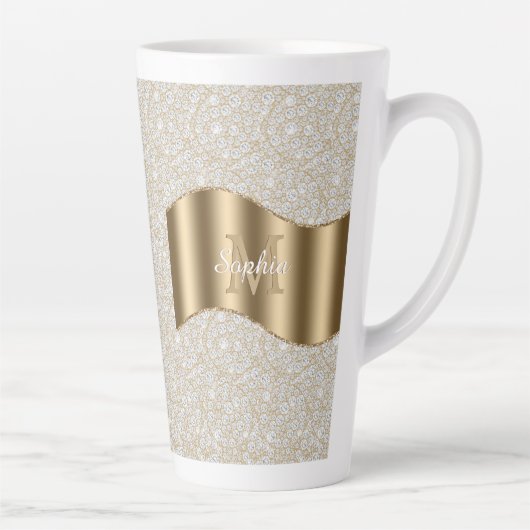 Diamanten, grote gouden monogram witte scriptnaam latte mok (Rechts)