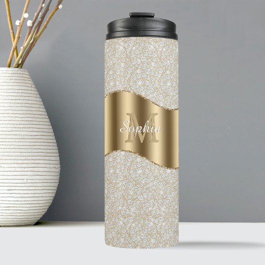 Diamanten, grote gouden monogram witte scriptnaam thermosbeker