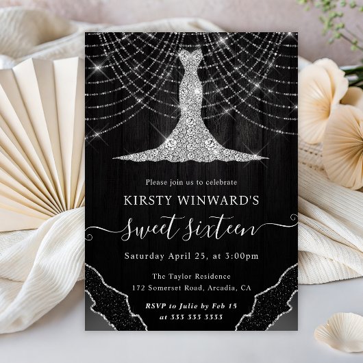 Diamanten jurk & bokeh slingerlichten Sweet 16 Kaart