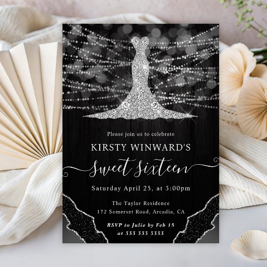 Diamanten jurk & Bokeh snoer verlichting Sweet 16 Kaart