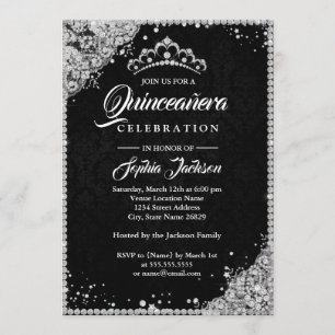Diamanten Kant Glans Zwart Zilver Quinceanera Kaart