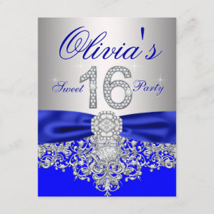 Diamanten Koninklijk Blauw en Zilver Sweet 16 Fees Kaart