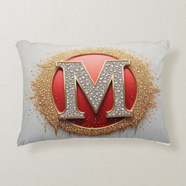 Diamanten Letter M Rode Medaillon Gouden Monogram Accent Kussen (Voorkant)