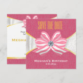 Diamanten lint met roze damastpatroon save the date (Voorkant / Achterkant)