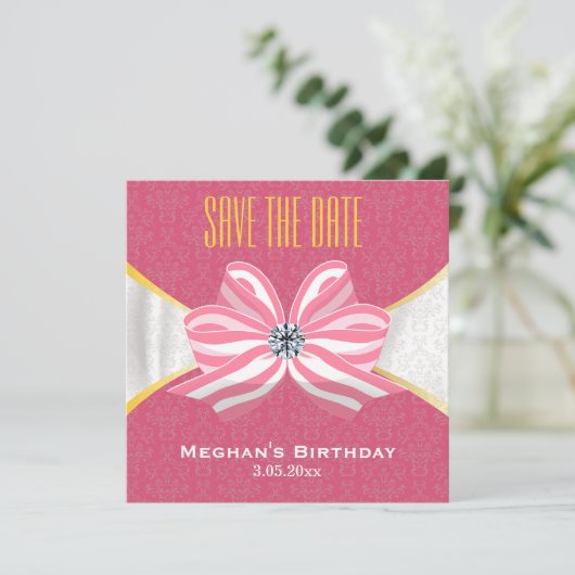 Diamanten lint met roze damastpatroon save the date (Staand voorkant)