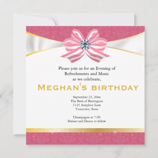 Diamanten lint met roze damastpatroon save the date (Achterkant)