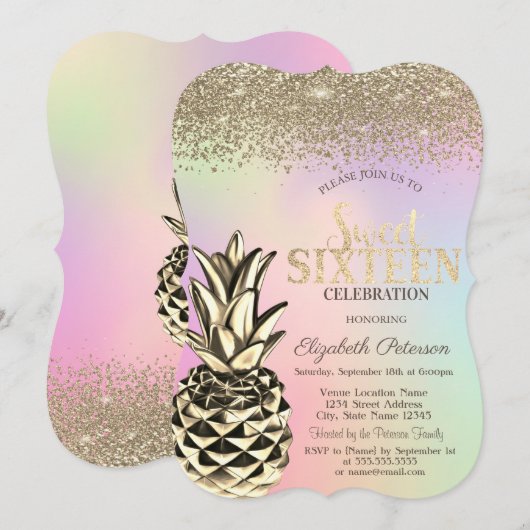 Diamanten, Metallic Pineapple Holographic Sweet 16 Kaart (Voorkant / Achterkant)