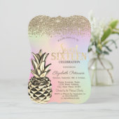 Diamanten, Metallic Pineapple Holographic Sweet 16 Kaart (Staand voorkant)