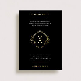 Diamanten Monogram Met Bloemen in Gouden Trouwfoli Folie Uitnodiging