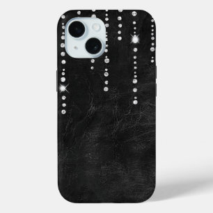 Diamanten op zwart leer iPhone 15 case