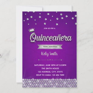 Diamanten paarse zilveren Quinceanera uitnodiging