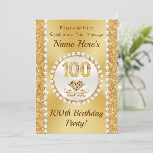 Diamanten, parels, 100ste verjaardag uitnodigingen (Staand voorkant)