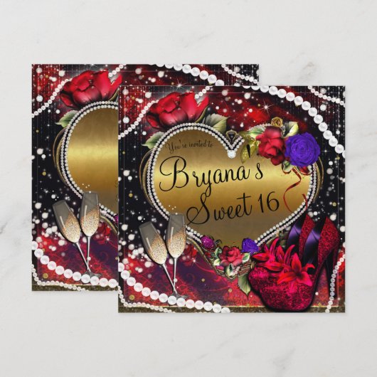 Diamanten Parels Hart Hoge Hakken Zoet 16 Kaart (Voorkant / Achterkant)