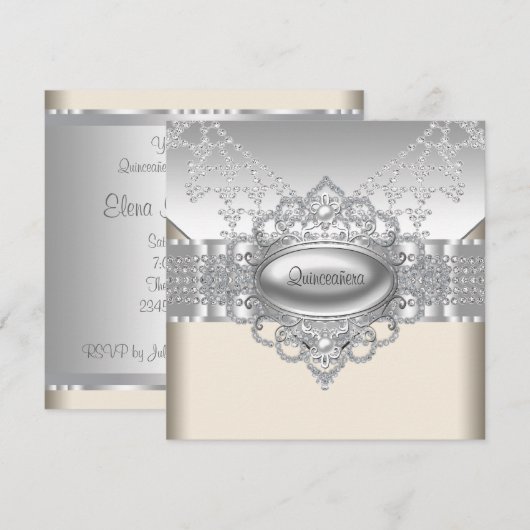 Diamanten Parels Witte Quinceanera Uitnodigingen (Voorkant / Achterkant)