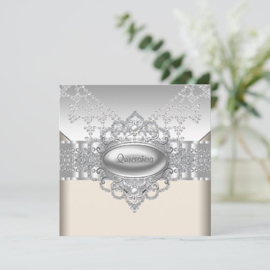 Diamanten Parels Witte Quinceanera Uitnodigingen (Staand voorkant)