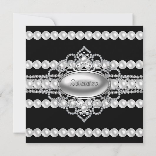 Diamanten Parels Zwart Quinceanera Uitnodigingen (Voorkant)