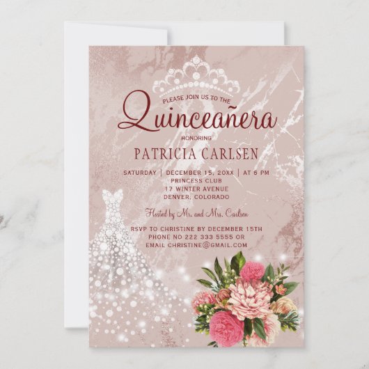 Diamanten prinsessenjurk blozen chic quinceanera kaart (Voorkant)
