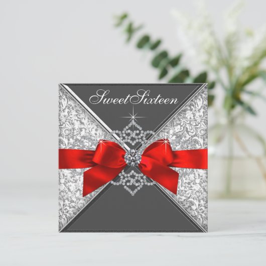 Diamanten Rood en Zwart Sweet 16 Verjaardagsfeest Kaart (Staand voorkant)
