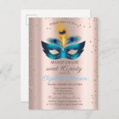 Diamanten Roze Goud Blauw Maskerade Sweet 16  Uitnodiging Briefkaart (Voorkant / Achterkant)