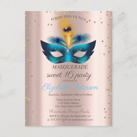 Diamanten Roze Goud Blauw Maskerade Sweet 16  Uitnodiging Briefkaart (Voorkant)