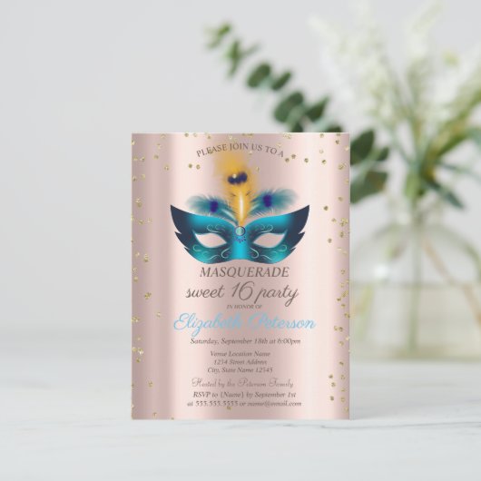 Diamanten Roze Goud Blauw Maskerade Sweet 16  Uitnodiging Briefkaart (Staand voorkant)