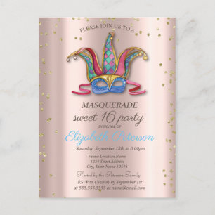 Diamanten Roze Goud Kleurrijke Masker Sweet 16 Uitnodiging Briefkaart