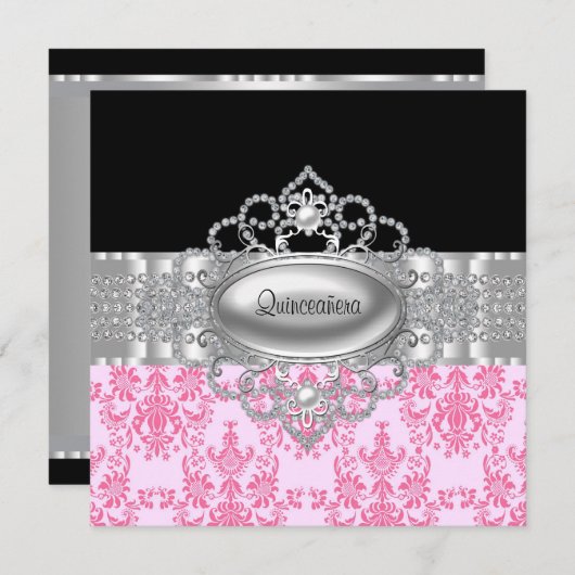 Diamanten Roze Zwarte Quinceanera Uitnodigingen (Voorkant / Achterkant)