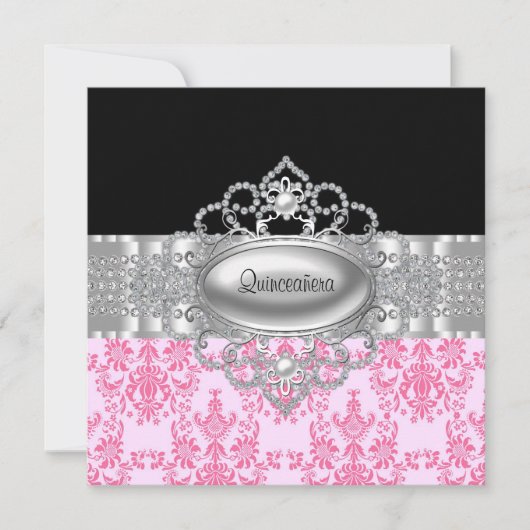 Diamanten Roze Zwarte Quinceanera Uitnodigingen (Voorkant)