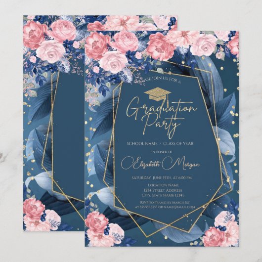Diamanten Rozen Frame Navyblauw Afstudeerfeest Kaart (Voorkant / Achterkant)