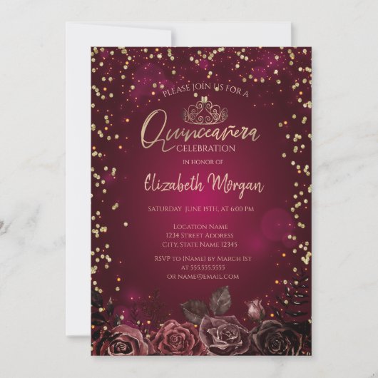 Diamanten, Tiara Bourgondische Rozen Quinceañera Kaart (Voorkant)