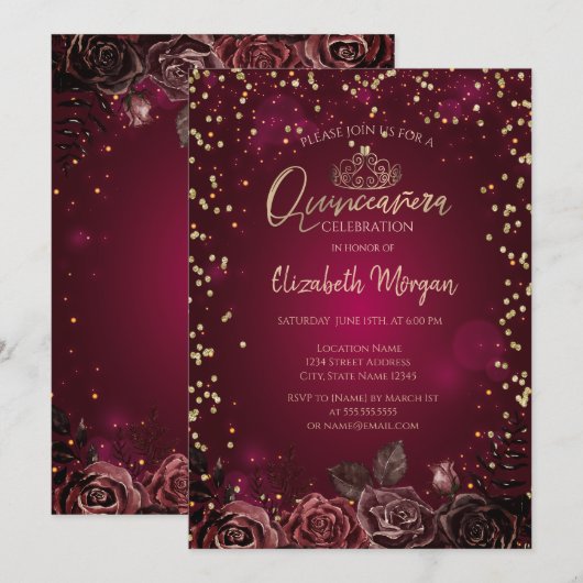 Diamanten, Tiara Bourgondische Rozen Quinceañera Kaart (Voorkant / Achterkant)