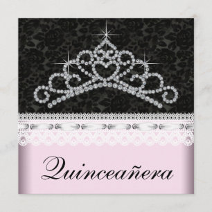 Diamanten Tiara Roze Zwart Sweet 15 Quinceanera Kaart