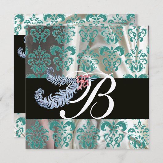 DIAMANTEN VEREN GOUD BLAUWE ZIJDE DAMAST MONOGRAM KAART (Voorkant / Achterkant)