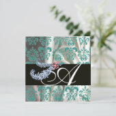 DIAMANTEN VEREN WIT BLAUWE ZIJDE DAMAST MONOGRAM KAART (Staand voorkant)
