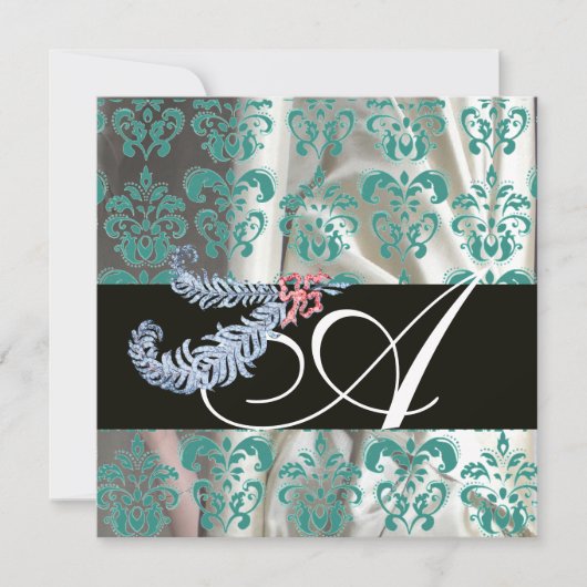 DIAMANTEN VEREN WIT BLAUWE ZIJDE DAMAST MONOGRAM KAART (Voorkant)