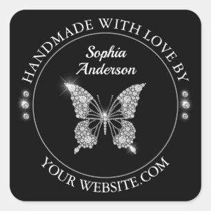 Diamanten vlinder, met de hand gemaakt met liefde, vierkante sticker