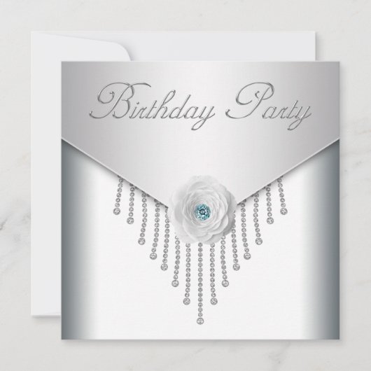 Diamanten Witte Roos Vrouw Verjaardagsfeest Uitnod Kaart (Voorkant)