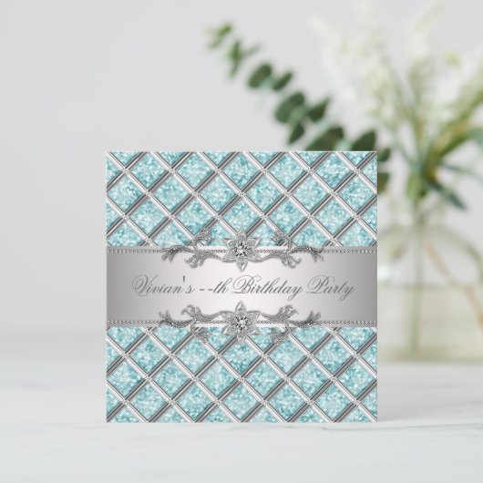 Diamanten Zilver Blauw All Occasion Party Uitnodig Kaart (Staand voorkant)