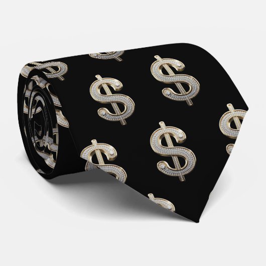 Diamanten & Zilveren Dollar Sign Bling Stropdas (Opgerold)