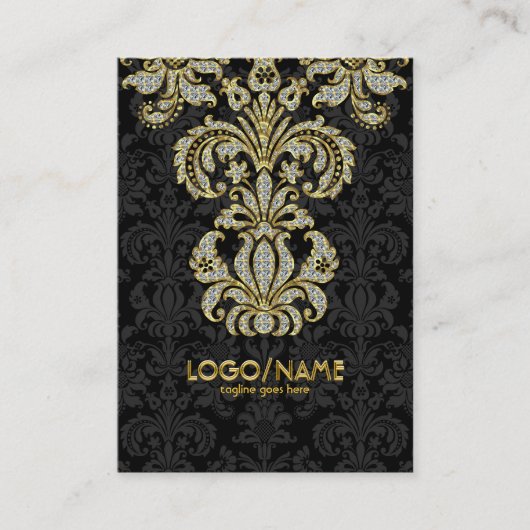 Diamanten Zwart & Goud Patroon Bloemen Damasks Visitekaartje (Voorkant)