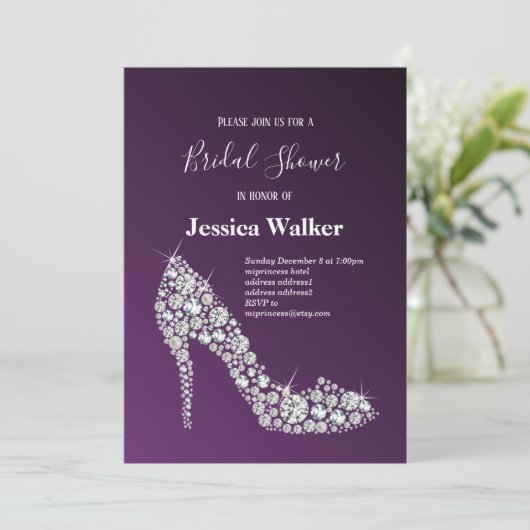 diamanthoog hakken paars elegant vrijgezellenfeest kaart (Staand voorkant)