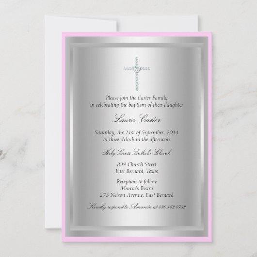Diamantkruis Roze Doop Uitnodiging (Voorkant)