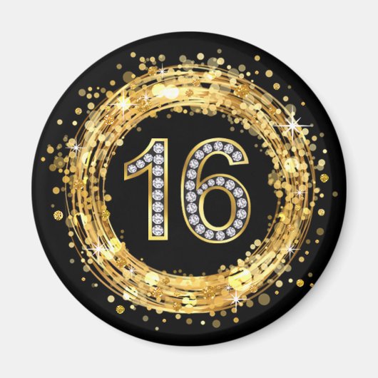 Diamantnummer 16 Glitter Bling Confetti | Goud Magneet (Voorkant)