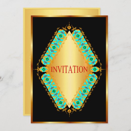 Diamantontwerp blauw en goud in zwarte uitnodiging (Voorkant / Achterkant)