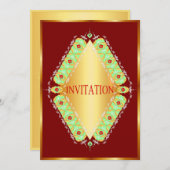 Diamantontwerp groen en goud in rode uitnodiging (Voorkant / Achterkant)