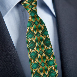 Diamantpatroon in Goud en Smaragd Stropdas