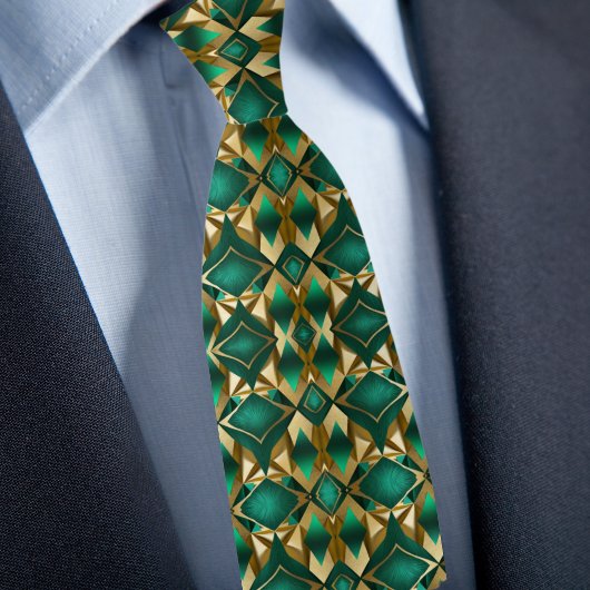 Diamantpatroon in Goud en Smaragd Stropdas