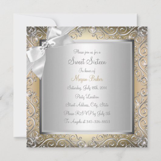 diamantstrik & Sparkle Swirl Gold Sweet 16 Kaart (Achterkant)