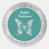 Diamantvlinder, zilveren metaal retouradres ronde sticker (Voorkant)